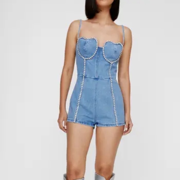 NWT Nasty Gal Heart Embellished Bustier Denim Romper - size 2 - Picture 1 of 8